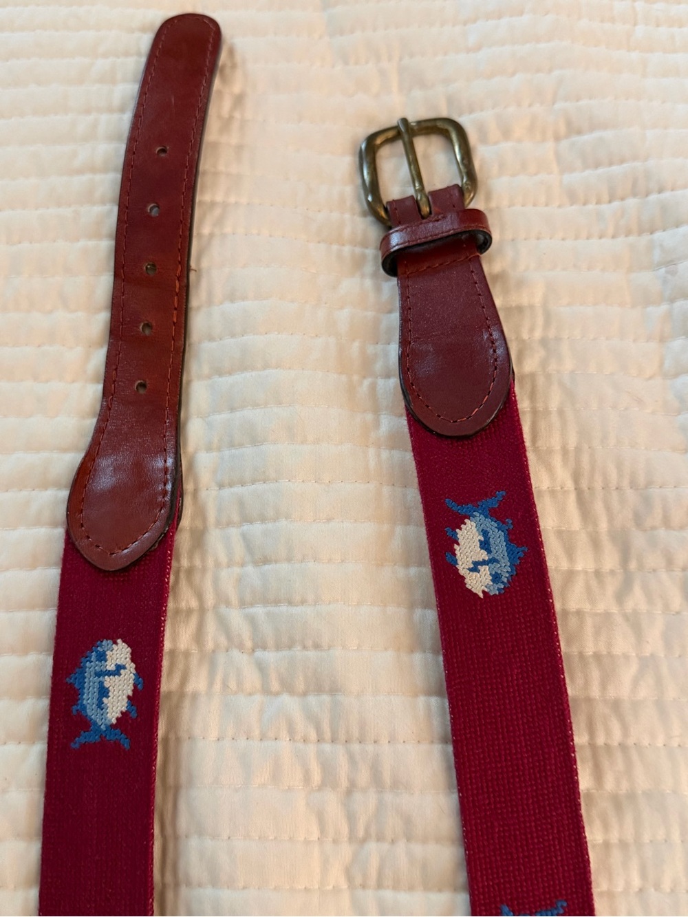Southern Tide Red Needlepoint Fish Belt with Brown Leather